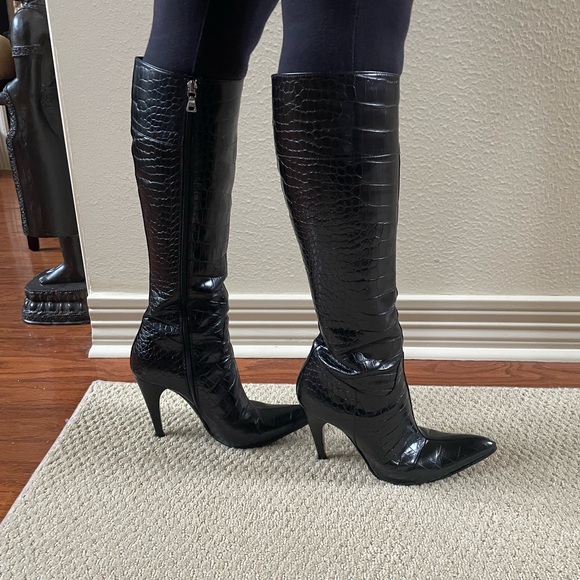 Prada Black Croc-Embossed Heeled Boots - Picture 2 of 10